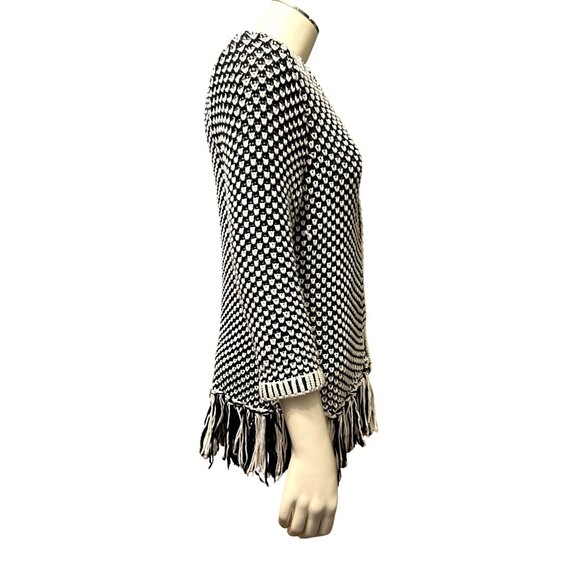 Chicos Black White Fringed Open Front Knit Cardigan Sweater 3/4 Sleeves Size 1 - Picture 4 of 13